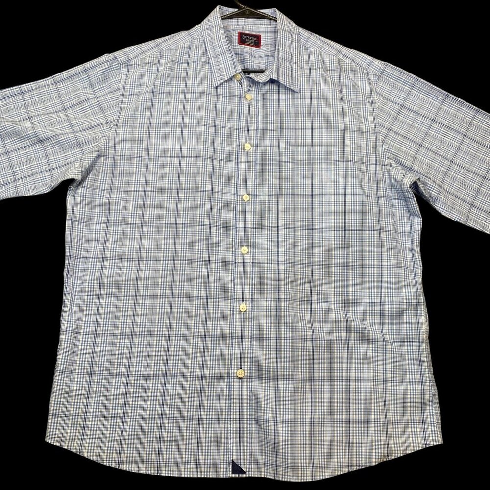 Untuckit Mens Wrinkle-Free Plaid Button-Up Shirt X-Large 100% Cotton Blue  White
